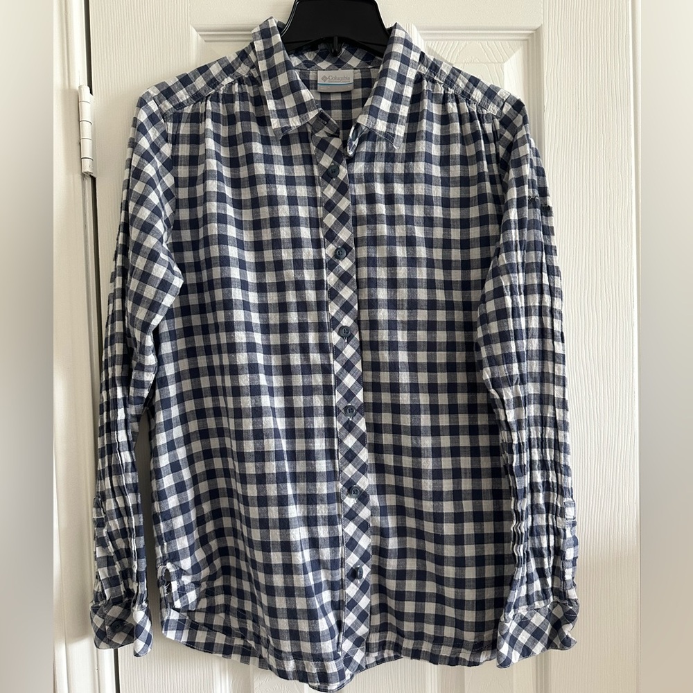 Columbia Women's Checkered Button Down Shirt - Navy and White
